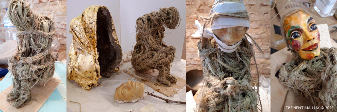 Ésser de Llum: esparto, cera, pintura al óleo y pan de oro sobre lino.